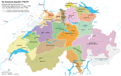 Carte de la République helvétique ; le canton de Waldstätten est visible en orange au centre de la carte.